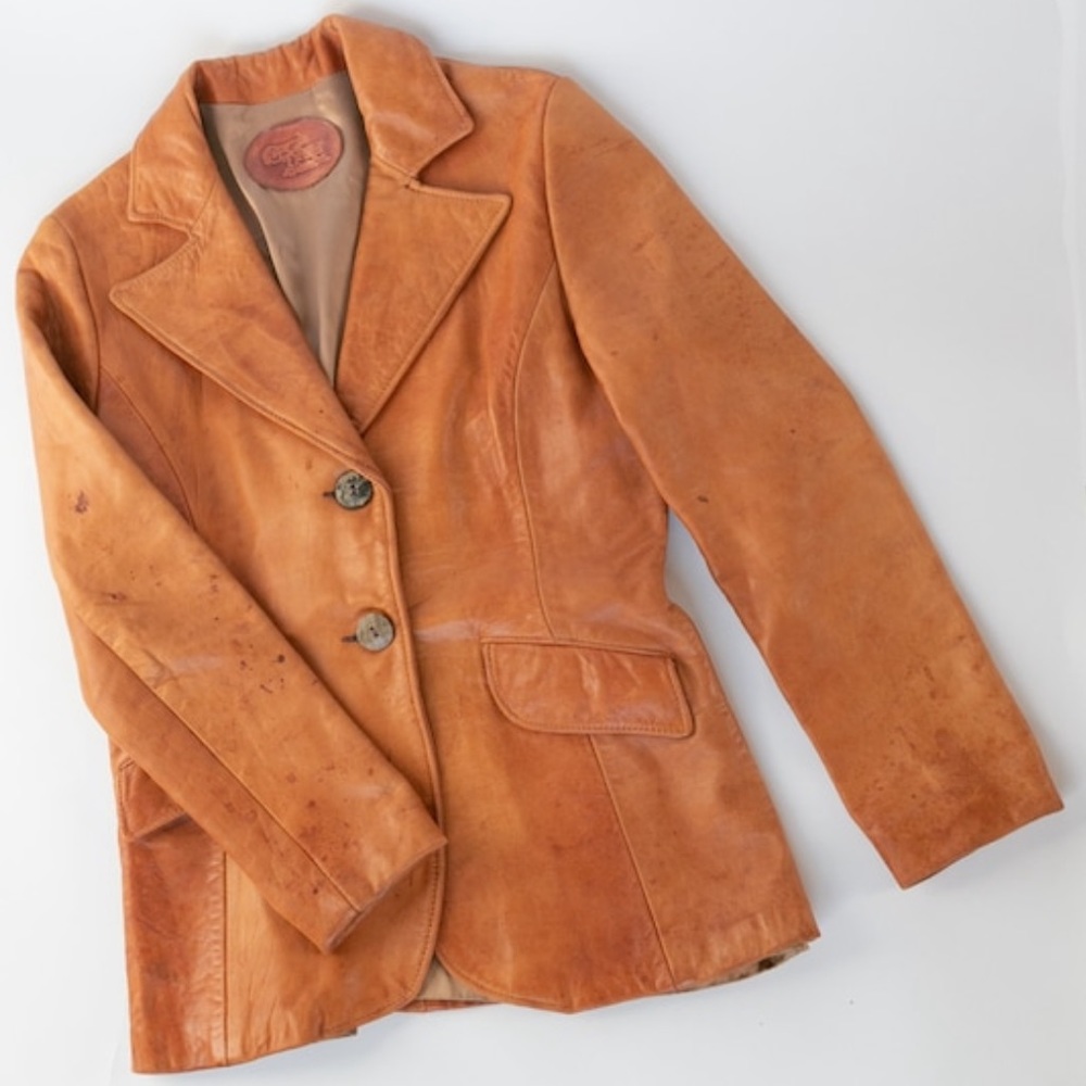 vintage 70s tan leather blazer jacket XS